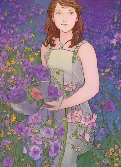 Image similar to well - lit art nouveau portrait of a 1 3 - year old girl wearing a sundress in a flower garden with lanterns at night, natural lighting, path traced, highly detailed, high quality, cartoon, digital painting, by don bluth and ross tran and studio ghibli