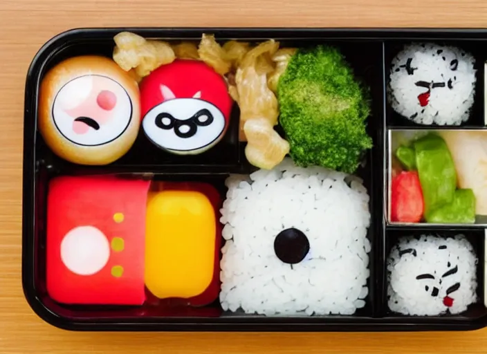 Prompt: photo of a japanese bento box from above. It is completely normal except it has human eyeballs in it.