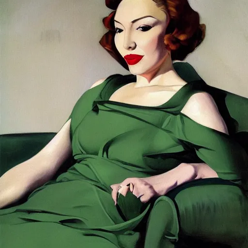 Image similar to portrait of write diva clarice lispector reclining on the sofa, green dress, by j. c. leyendecker, tamara de lempicka