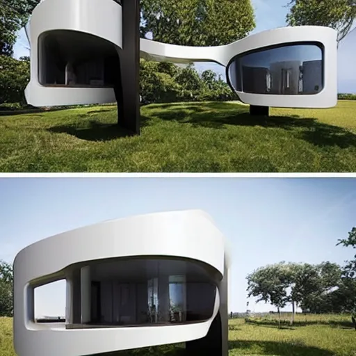 Prompt: futuristic house with a device that allows elevating the house from ground level to 5 meters high