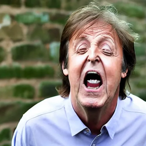 Prompt: Paul McCartney screaming at a wall