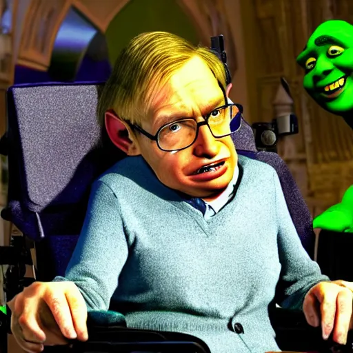 Image similar to stephen hawking as shrek, cgi movie still,