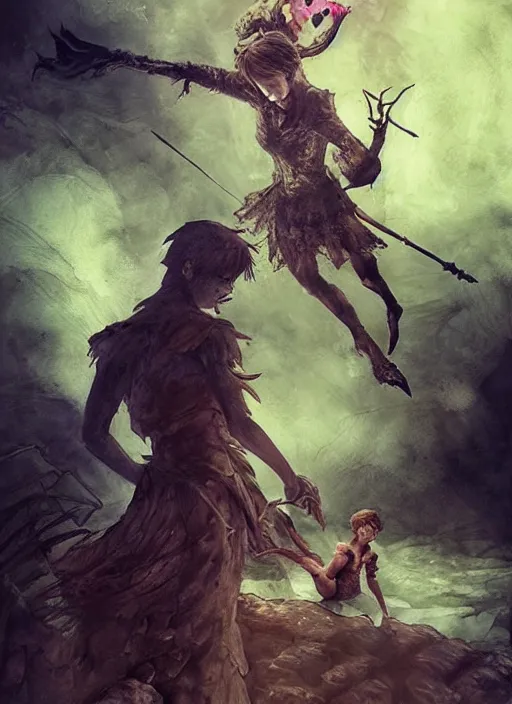 Image similar to portrait, undead peter pan with evil tinkerbell, watercolor, dramatic lighting, cinematic, establishing shot, extremly high detail, foto realistic, cinematic lighting, pen and ink, intricate line drawings, by Yoshitaka Amano, Ruan Jia, Kentaro Miura, Artgerm, post processed, concept art, artstation, matte painting, style by eddie mendoza, raphael lacoste, alex ross