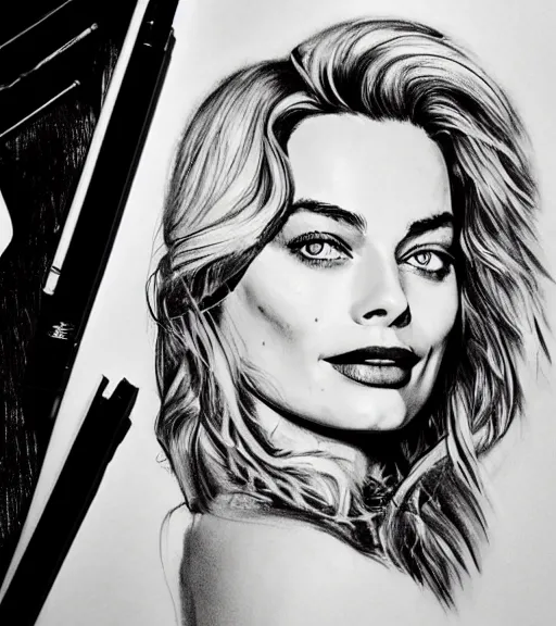 Prompt: tattoo design sketch mash up of margot robbie with beautiful mountain scenery, double eposure effect, in the style of arlo dicristina, surrealist, amazing detail, sharp