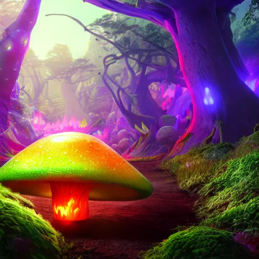 Image similar to dragon in a bright glowing mushroom forest runs for president of the galaxy uhd ultra realistic ray traced 4 k highly detailed sharp lines dramatic lighting artstation trending