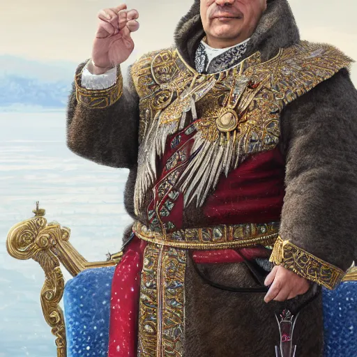 Image similar to an extremely realistic portrait depicting the coronation of viktor orban dressed in royal national costume, on the frozen danube, detailed, intricate, elegant, fat, highly detailed, digital painting, artstation, concept art, smooth, sharp focus, illustration,