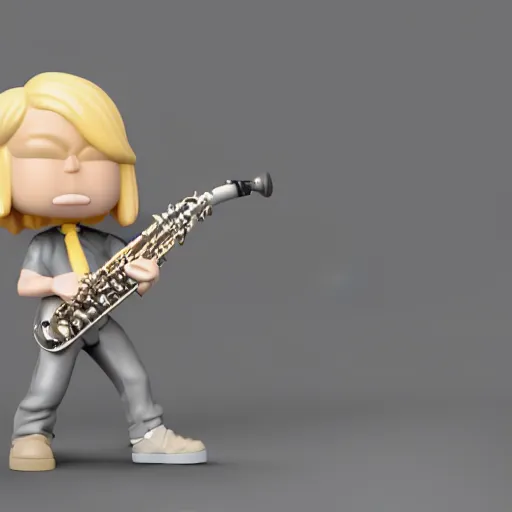 Image similar to a 3d render of blond hippie man playing the sax as a funko pop, studio lighting, grey background