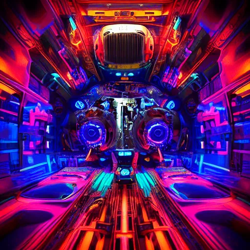 Image similar to album art, the album is called tripmachine, trance music, a huge steampunk mechanic machine with many loudspeakers and gears and tubes and wires, 8 k, fluorescent colors, halluzinogenic, multicolored, blue neon accents, exaggerated detailed, front shot, 3 d render, octane