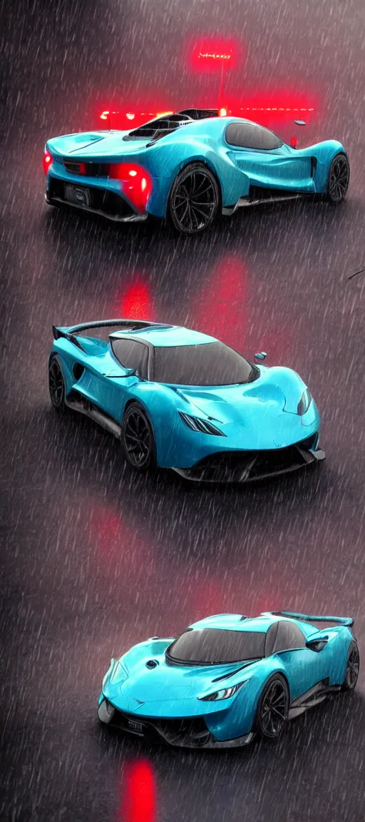 Prompt: A highly detailed, realistic photo of a neon hypercar in Rome in the rain, 8k resolution, trending on artstation