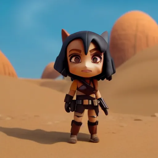 Image similar to mandalorian as nendoroid walking in a desert with two moons in the croods movie style, muted colours, anime, disney, pixar, 8 k, hd, dof, kodak film, volumetric lighting, subsurface scattering, photorealistic, octane render, details