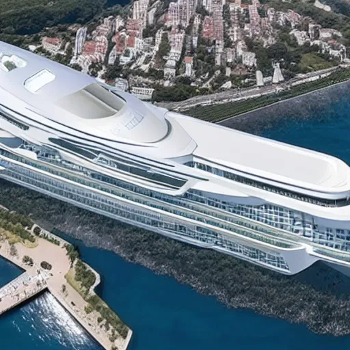 Image similar to aerial view of the new residential Mega Yacht ‘Somnio’ the largest yacht in the world , full view of the boat, this 728 feet boat mansion have 39 apartments across 32 floors. luxury, very design, gofl course and swimming, luxury equipment