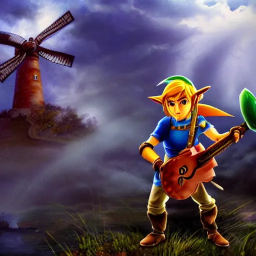 Prompt: link from the video game ocarina of time playing the song of storms on an ocarina in front of the windmill from kakariko village, photorealistic, extreme detail, sharp focus, 8 k, intricate, hyper detailed, realistic, cinematic lighting