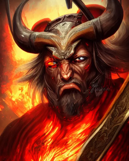 Image similar to minotaur from path of exile wielding 2 hand axe, portrait, anime, digital painting, highly detailed, intricate, trending on artstation