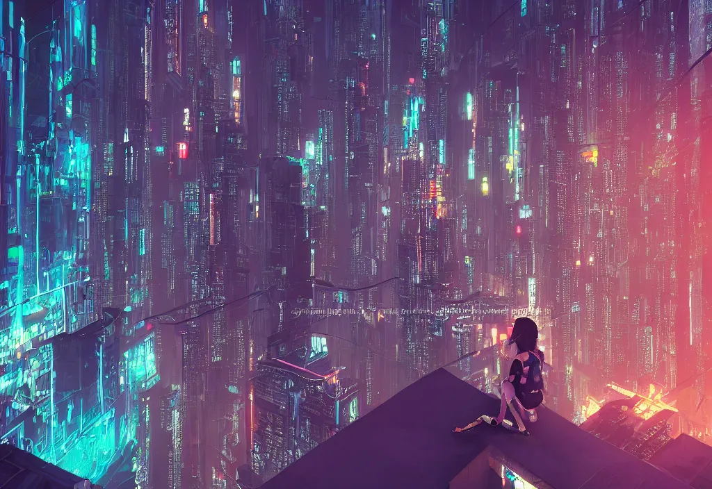 Prompt: a girl, sitting alone on the edge of a skyscraper, looking at the cyberpunk city skyline at night, lit by bright neon futuristic lights, hyperdetailed, 8 k, artstation, matte painting