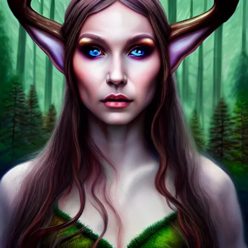 Image similar to elf woman that has antlers, forest in background, matte oil painting, dnd art, fantasy, stunning, beautiful, feral, clear, crisp, sharp, award - winning, portrait, extremely detailed