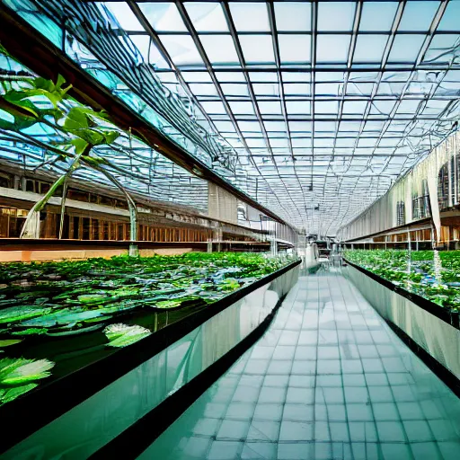 Image similar to professional photgraphy of a museum flooded with green water, water plants and lillies, wooden piers inside, great architecture by renzo piano, ambient light