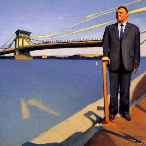 Image similar to viktor orban with highly detailed face standing on the bank of danube river, looking at the destroyed chain bridge in budapest, by edward hopper