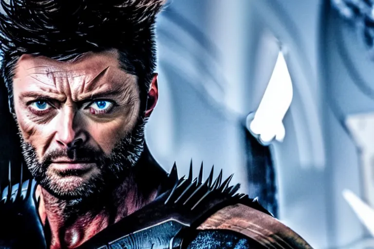 Image similar to film still frame of karl urban as wolverine, beard, wolverine's face, wolverine's claws, adamantium, high quality