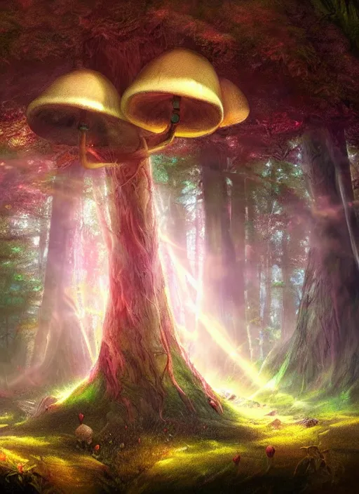 Prompt: painting of magic mushrooms , mysterious forest, beautiful lighting, god rays, fantasy art, matte painting