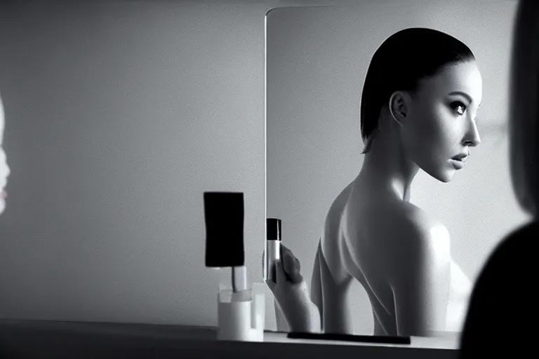 Image similar to beautiful female android, putting on makeup in front of a bathroom mirror, cinematic black and white movie still