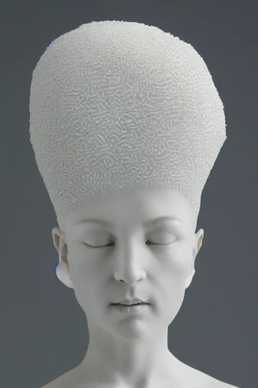 Prompt: full head and shoulders, beautiful female porcelain sculpture by daniel arsham and raoul marks, smooth, all white features on a white background, delicate facial features, white eyes, white lashes, detailed white, lots of real gold hair in a'beehive hairstyle'on the head