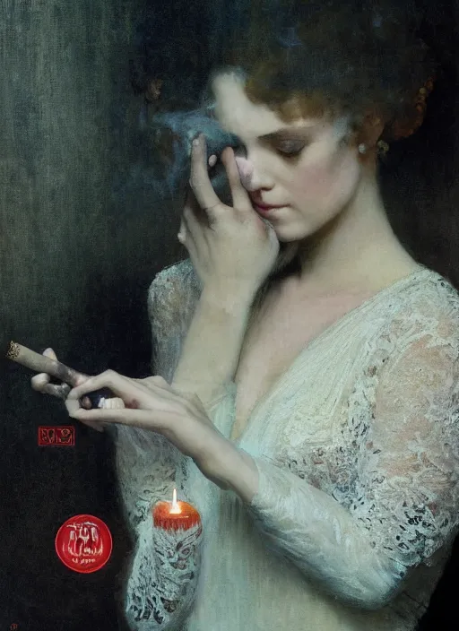 Image similar to a romantic photo of a woman in a dark room wearing lace smoking a cigarette advertisement photography by mucha, nick alm, ruan jia, norman rockwell, greg rutkowski, greg manchess, ethereal, dark, candlelight, pagan, extremely coherent, sharp focus, elegant, sharp features, render, octane, detailed, award winning photography, masterpiece, rim lit