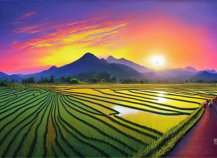 Image similar to a road between rice paddy fields, two big mountains in the background, big yellow sun rising between 2 mountains, flocks of birds in the sky, indonesia national geographic, award winning dramatic painting