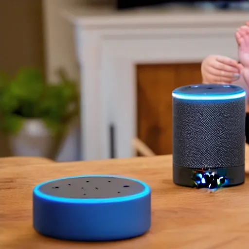 Prompt: A family impressed with their Amazon Alexa device