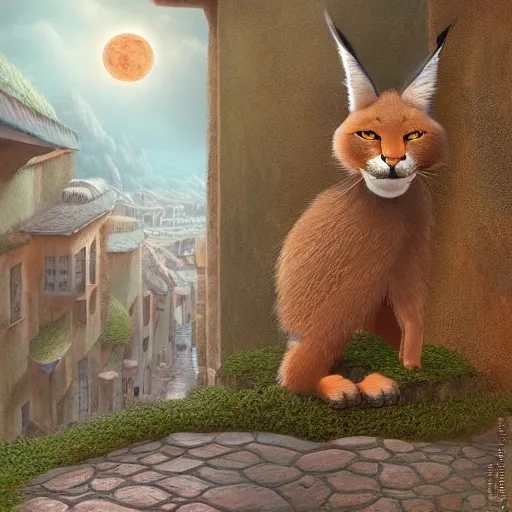 Image similar to cute fluffy caracal in ancient greek town, a beautiful landscape by gediminas pranckevicius