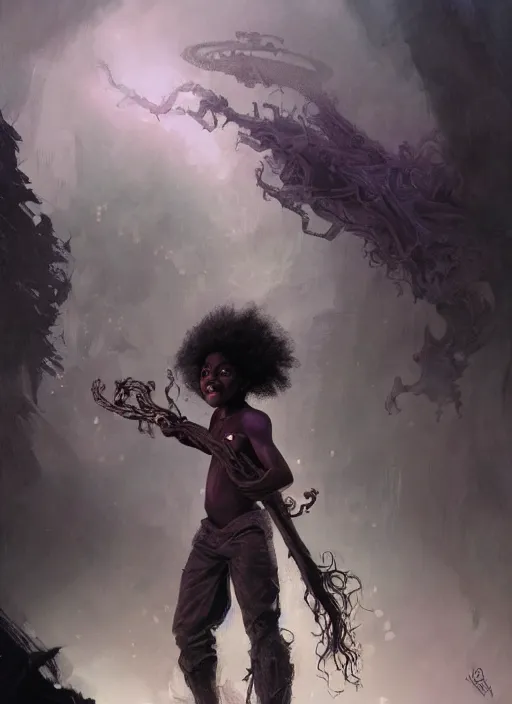 Prompt: fantasy changeling black kid with long curly hair playing electric guitar, half half, dim light, front game card, marvel comics, dark, intricate, highly detailed, smooth, artstation, digital illustration by ruan jia and mandy jurgens and artgerm and wayne barlowe and greg rutkowski and zdislav beksinski