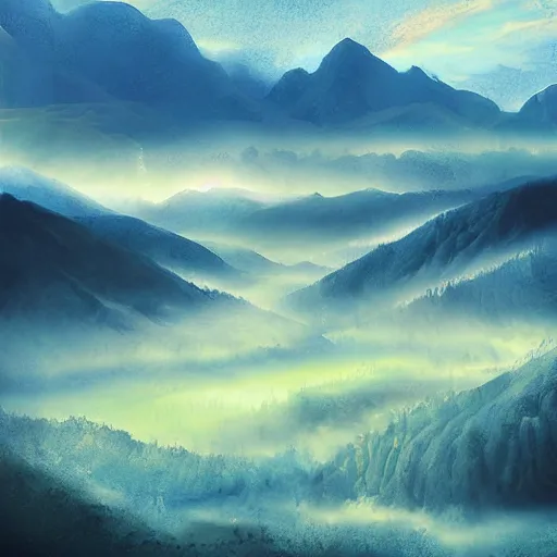 Image similar to magical landscape, mountains, misty, blue, yellow sky, digital art