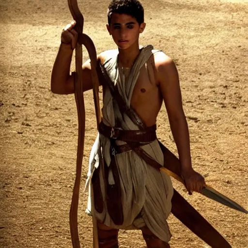 Image similar to handsome 17 year old middle-eastern skinned boy in a Biblical outfit holding a wooden slingshot. Giant Goliath standing with a sword. Epic, cinematic lighting, directed by Ridley Scott