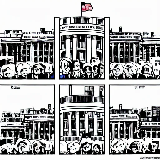 Image similar to the whitehouse in the style of a Chris Ware comic page