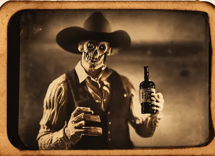 Prompt: hybrid pixar tintype photograph of a renegade skeleton cowboy outlaw at a busy saloon in the old west, holding a bottle of whiskey, wide angle, volumetric lighting, cinematic, bokeh, octane render