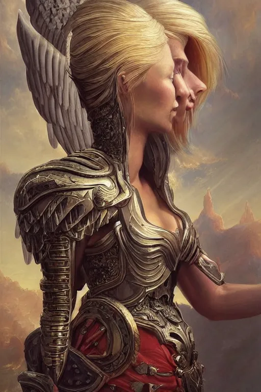 Prompt: a beautiful female angel warrior , half body portrait, blond hair, ornate armour, realistic oil painting by Thomas Cole and Wayne Barlowe and Boris Valejo