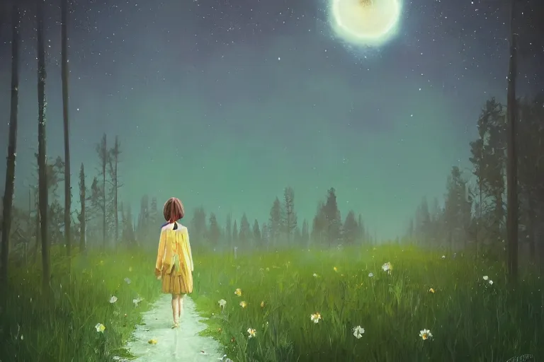 Image similar to giant daisy flower as head, girl walking in forest, surreal photography, dark night, stars, moon light, impressionist painting, clouds, digital painting, artstation, simon stalenhag