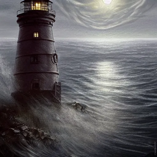 Prompt: ultra realistic illustration, a lighthouse by night being attacked by a kraken, the tentacles are wrapped around the lighthouse and there is water mist everywhere, moody, water, epic, creature, attack, tentacles, building, coast, intricate, elegant, highly detailed, digital painting, artstation, smooth, sharp focus, art by artgerm and greg rutkowski and alphonse mucha