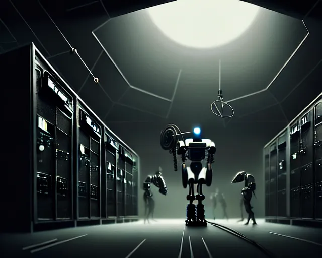 Image similar to gloomy colossal ruined server room in datacenter robot figure automata headless drone robot knight welder posing pacing fixing soldering mono sharp focus, emitting diodes, smoke, artillery, sparks, racks, system unit, motherboard, by pascal blanche rutkowski artstation hyperrealism cinematic dramatic painting concept art of detailed character design matte painting, 4 k resolution blade runner