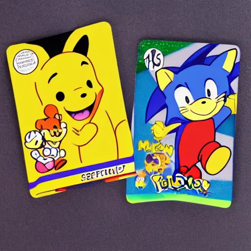 Image similar to photograph of winnie the pooh and super mario and sonic the hedgehog anime style, on pokemon card packs at target