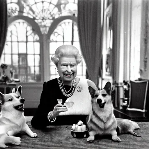 Image similar to historical photo of queen elizabeth having gin martinis with her corgis, the corgis are wearing sweaters, royal palace interior, natural sunlight, soft focus, highly detailed, depth of field