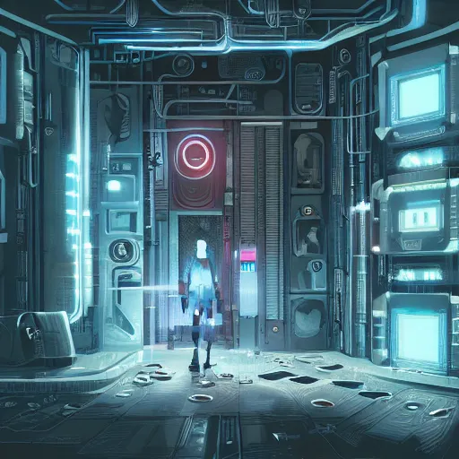 Prompt: a top secret vault with many locks, detailed digital illustration by greg rutkowski, cyberpunk, android netrunner