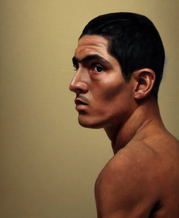 Prompt: heroic portrait of a handsome young mexican prisoner art by denys tsiperko and bogdan rezunenko, hyperrealism