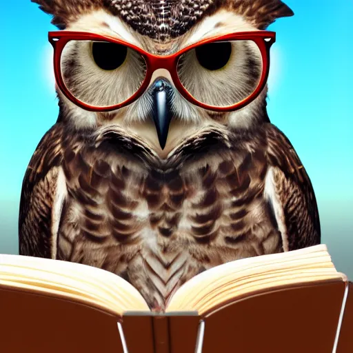 Prompt: anthropomorphic great horned owl wearing glasses while reading books, detailed matte painting 4 k