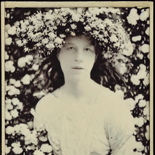 Image similar to portrait of a beautiful woman covered in flowers, 1910 polaroid photography,