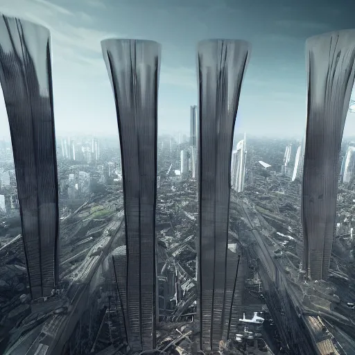 Image similar to fuming effigy, skybridge towers, beings of astonishing structure, high detail, cinematic, cgsociety 8k