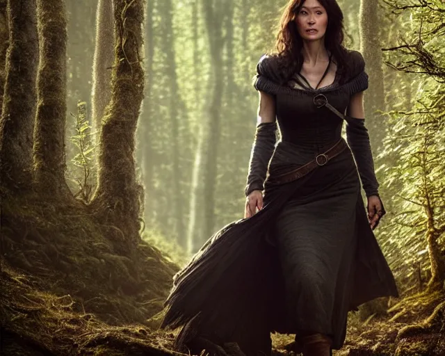 Image similar to 5 5 mm portrait photo of olga kurylenko as real life tough looking yennefer of vengerberg, in a forest. magical atmosphere. art by greg rutkowski. highly detailed 8 k. intricate. lifelike. soft light. nikon d 8 5 0.