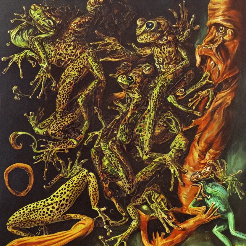 Image similar to alien frog, cheetah, and bird. strange anatomy. pulp sci - fi art. baroque period, oil on canvas