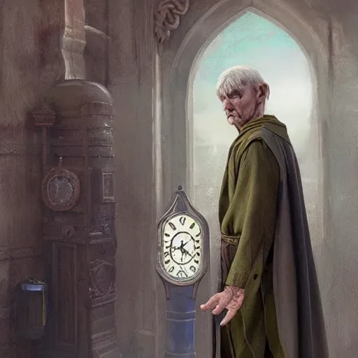 Prompt: A male elf in his late 50s looks both angry and sad, wrinkled olive coloured skin and a raised Fist, long blue robes depicting clock iconography, Detailed face, highly detailed, cinematic lighting, digital art painting by greg rutkowski.