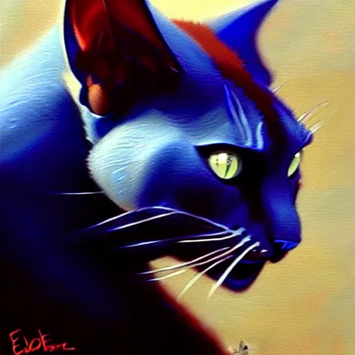 Image similar to blue cat eating red sable painting by eddie mendoza, greg rutkowski