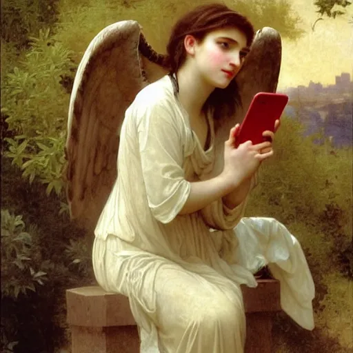 Image similar to an oil painting of an angel talking with an iPhone, by Bouguereau, highly realistic and intricate